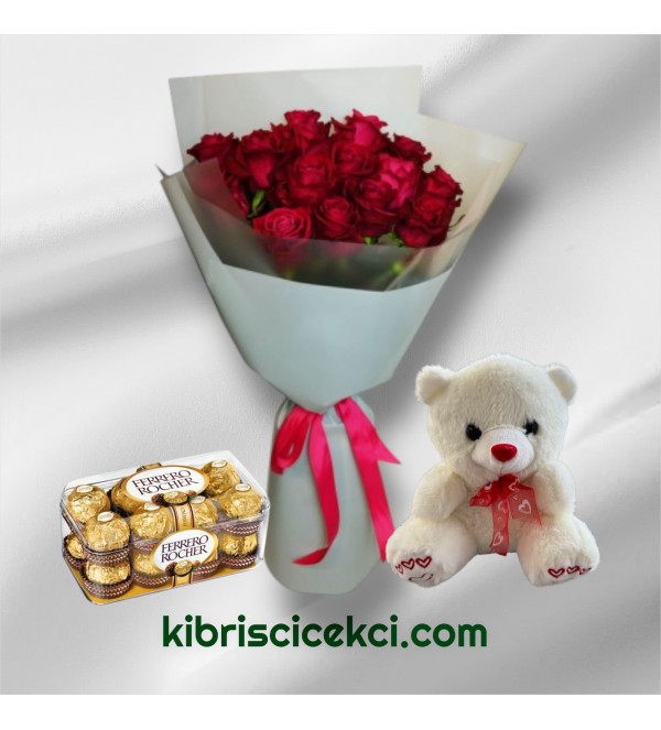 17 Kırmızı Gül Buketi 16'lı Ferrero Çikolata ve Ayıcık